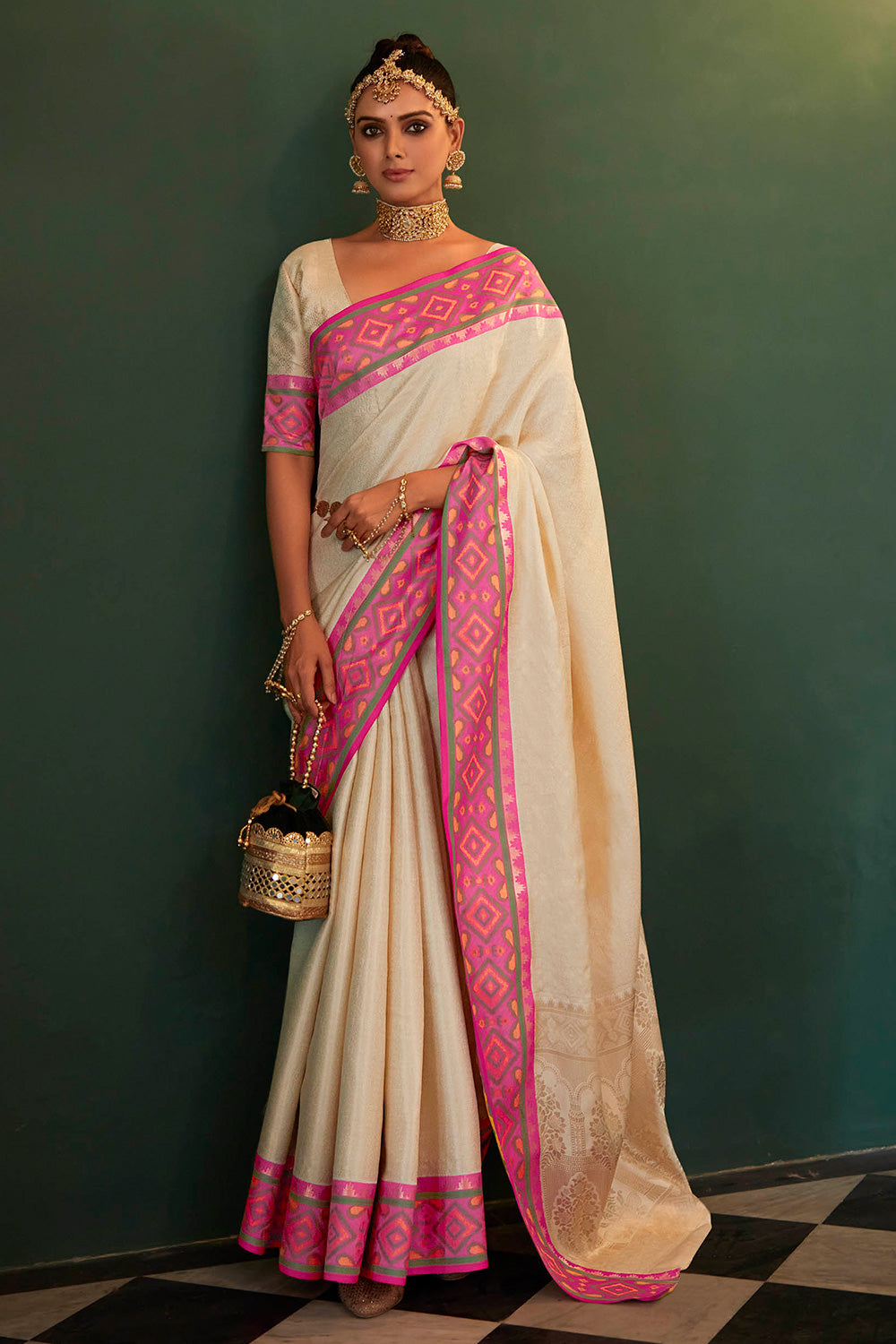 Creamy White Soft Kanjivaram Style Saree with Ekat Woven Border