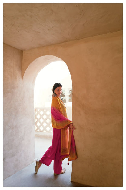 Rose Pink Embroidered Cotton Silk Suit with Yellow Pink Woven Banarasi Dupatta