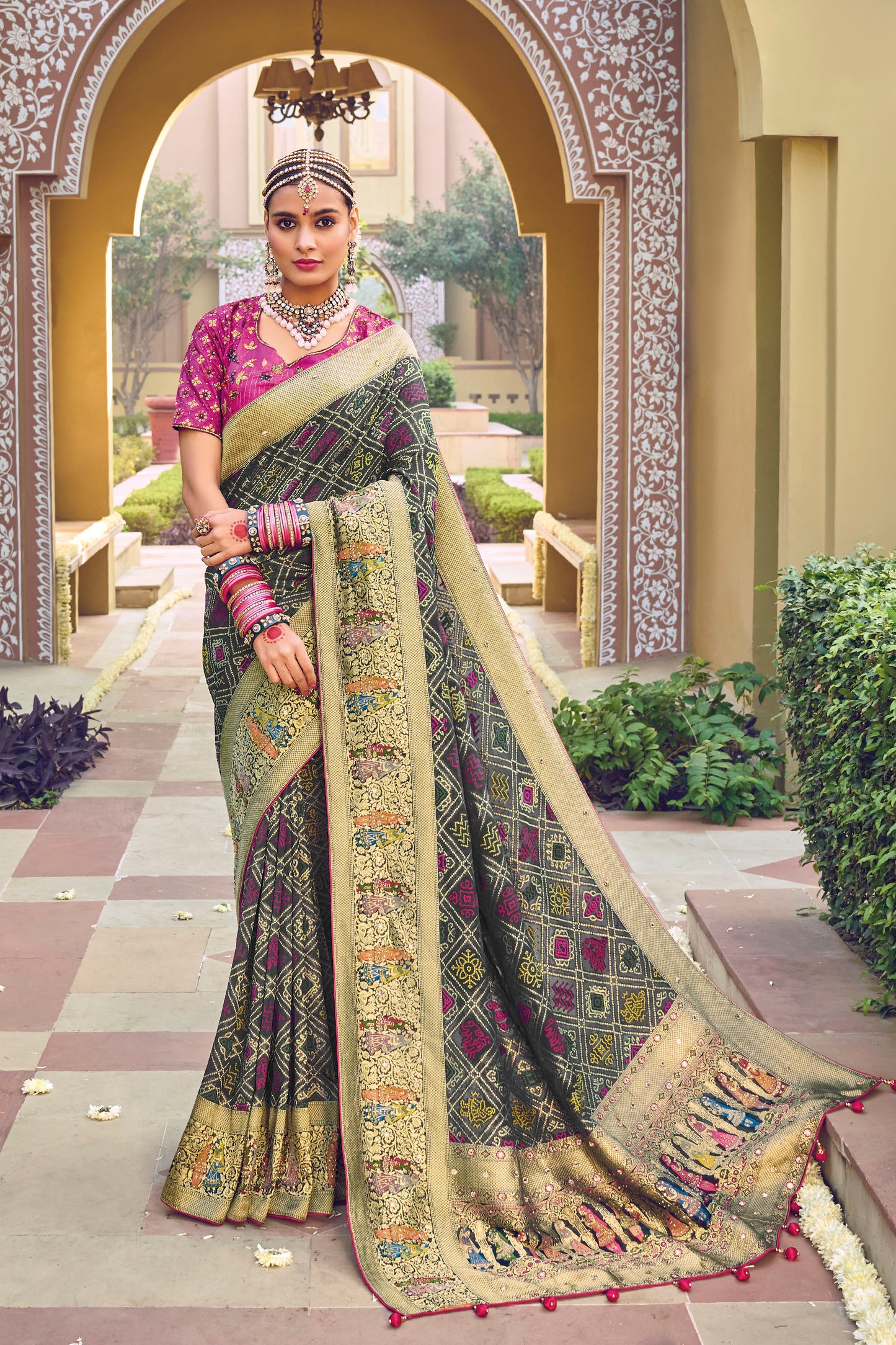 Grey Soft Bandhani Saree with Pink Designer Blouse