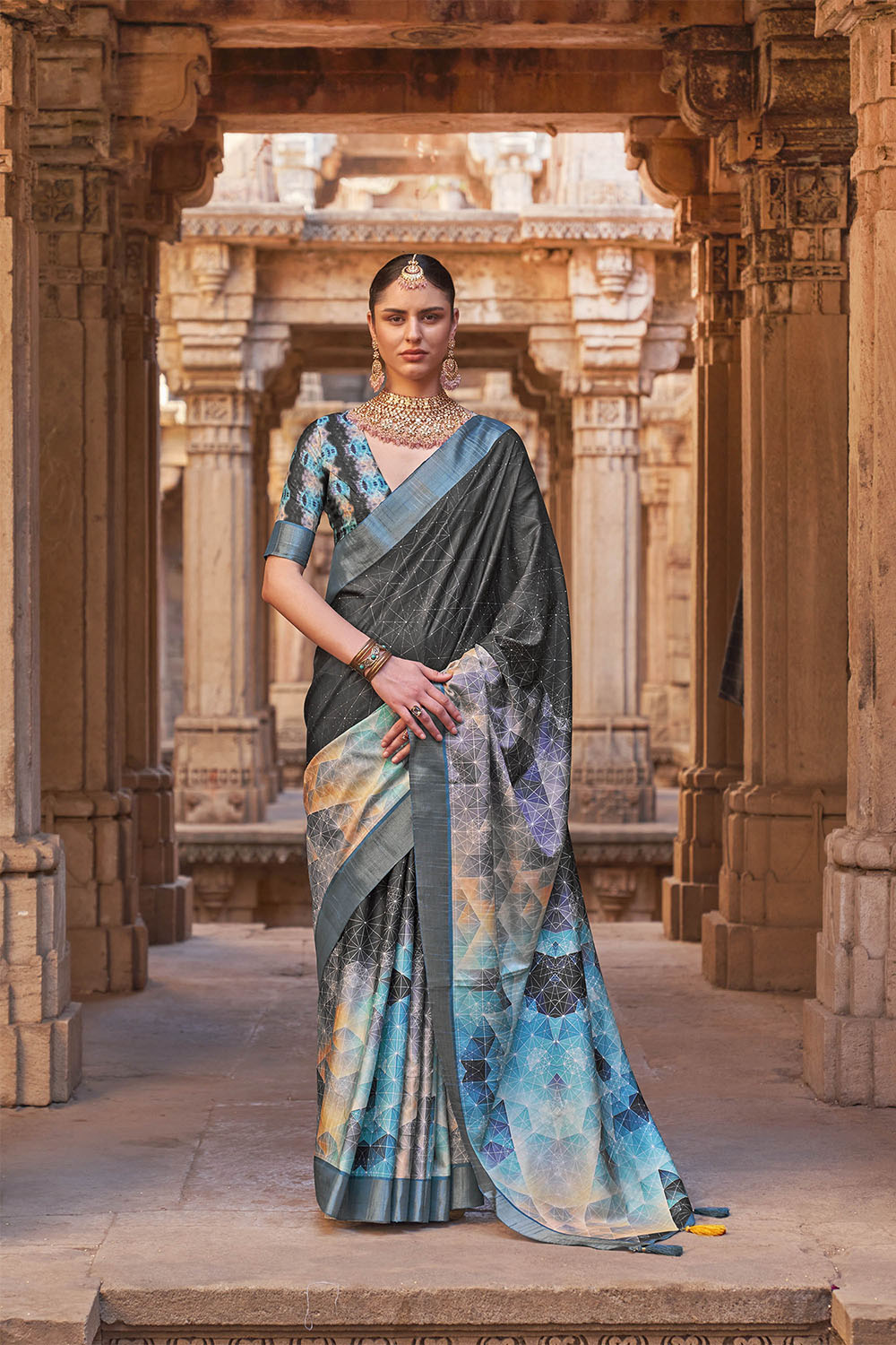 Charcoal Grey  Soft Tussar Silk Floral Kalamkari Saree