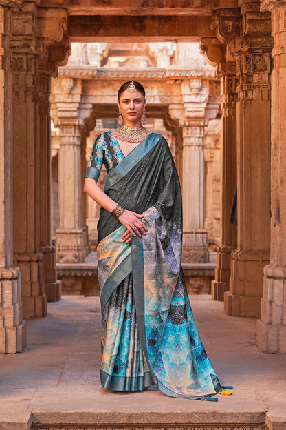 Charcoal Grey  Soft Tussar Silk Floral Kalamkari Saree