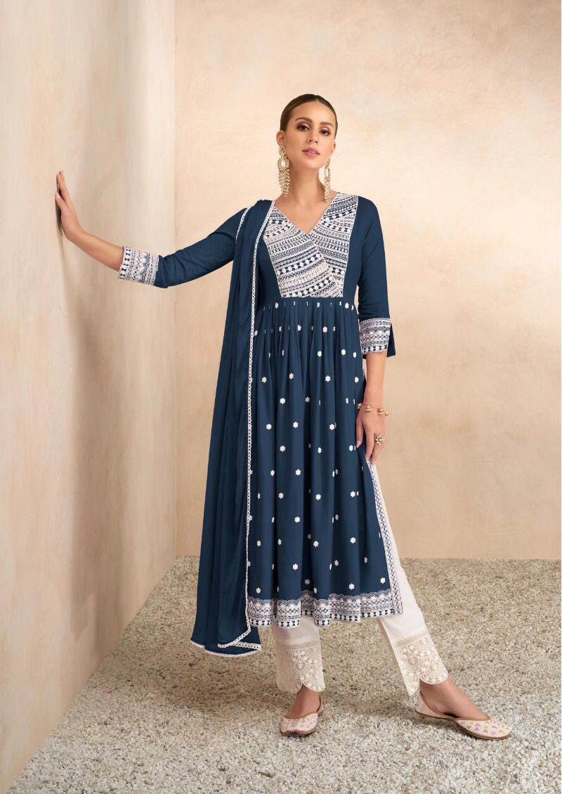 Navy Blue Chikankari Inspired Suit with White Pants and Dupatta