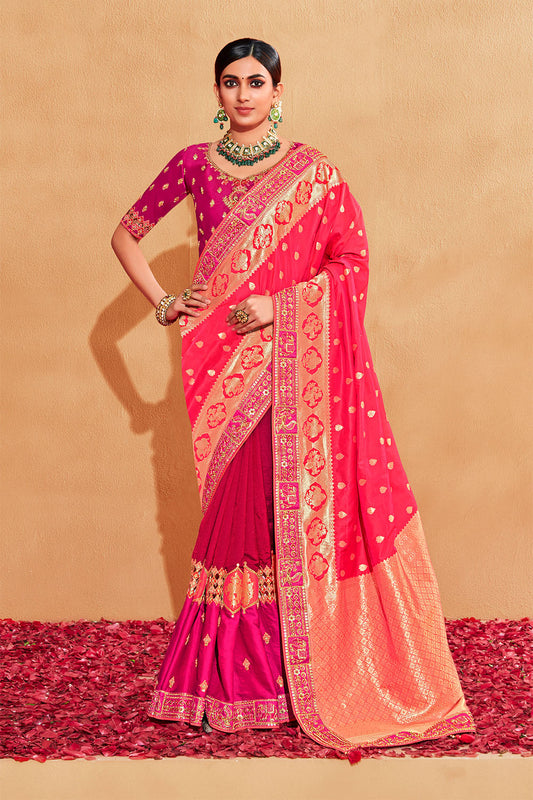 Bright Pink with Magenta  Stunning Designer Bridal Dola Silk Saree with Heavy Embroidered Blouse