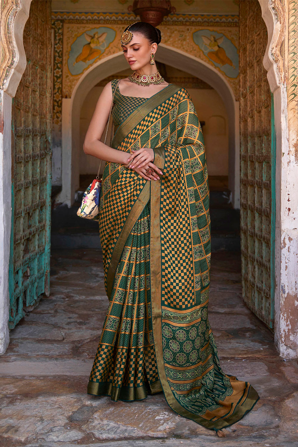 Dark Olive Gharchola Checks Design Ajrakh Saree with Beautiful Border