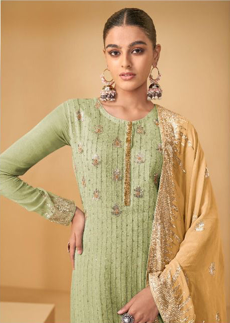 Light Green Soft Georgette Sharara Suit Set with Contrast Dupatta