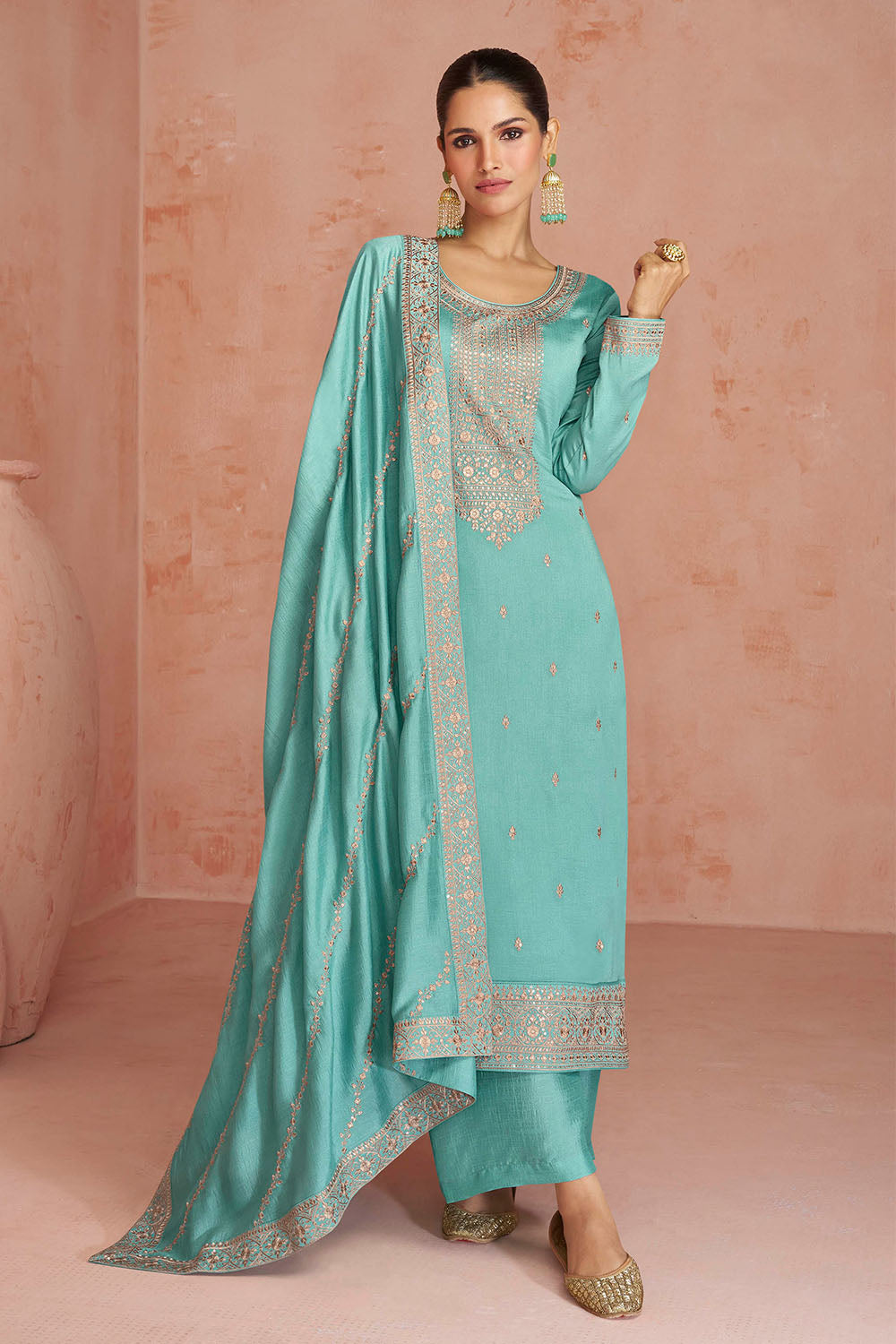 Sage Green Soft Silk Embroidered Salwar Suit with Heavy Dupatta