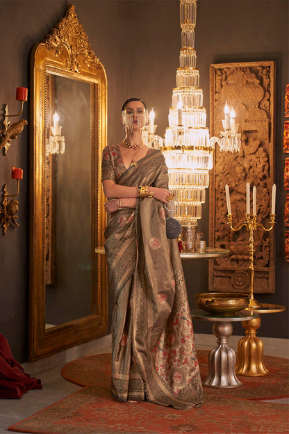 Copper Grey Soft Banarasi Silk with Menakari Butti and Khimkhab Style Blouse