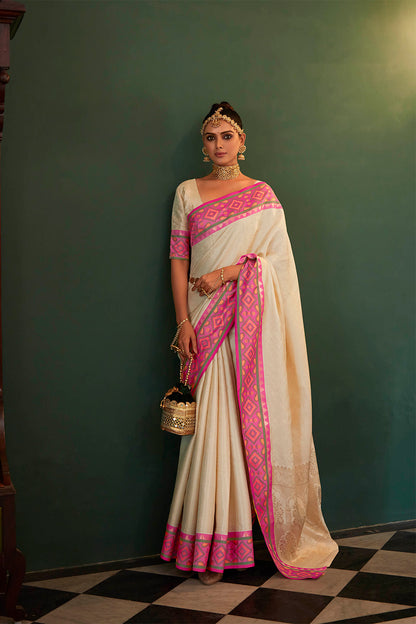 Creamy White Soft Kanjivaram Style Saree with Ekat Woven Border