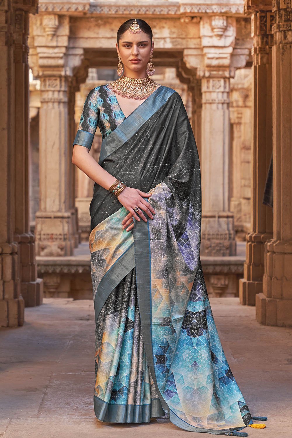 Charcoal Grey  Soft Tussar Silk Floral Kalamkari Saree