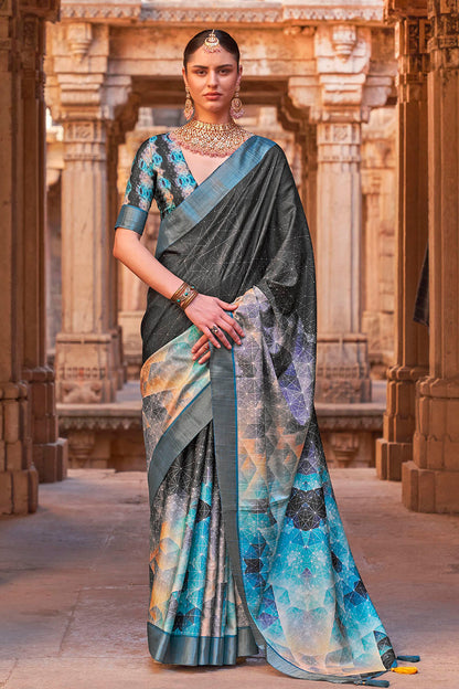 Charcoal Grey  Soft Tussar Silk Floral Kalamkari Saree