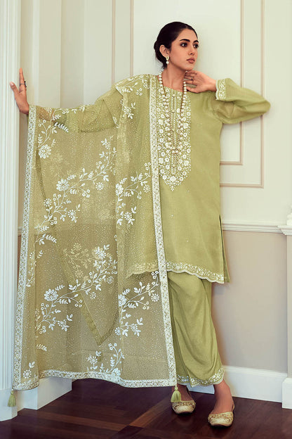 Pastel Green Thread Embroidered Soft Silk Salwar Suit with Dupatta