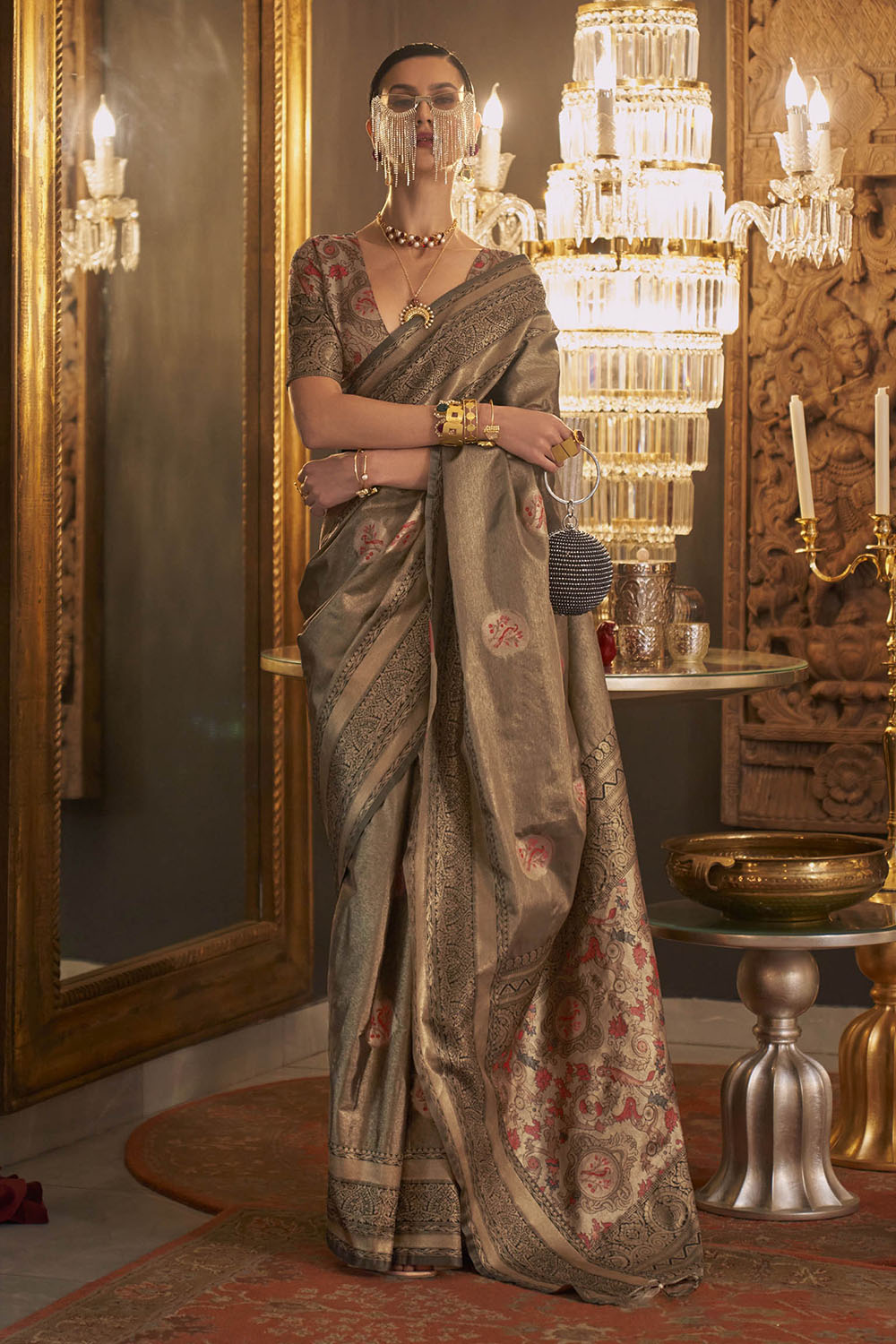 Copper Grey Soft Banarasi Silk with Menakari Butti and Khimkhab Style Blouse