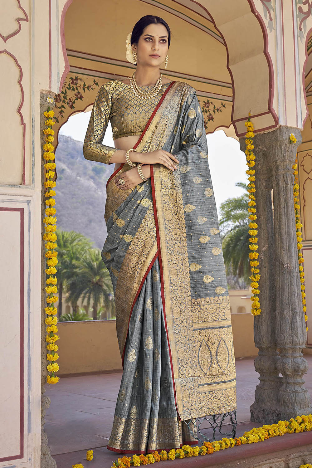 Gray & Vintage Designer Tussar Silk Saree Blouse for Indian Wedding Reception