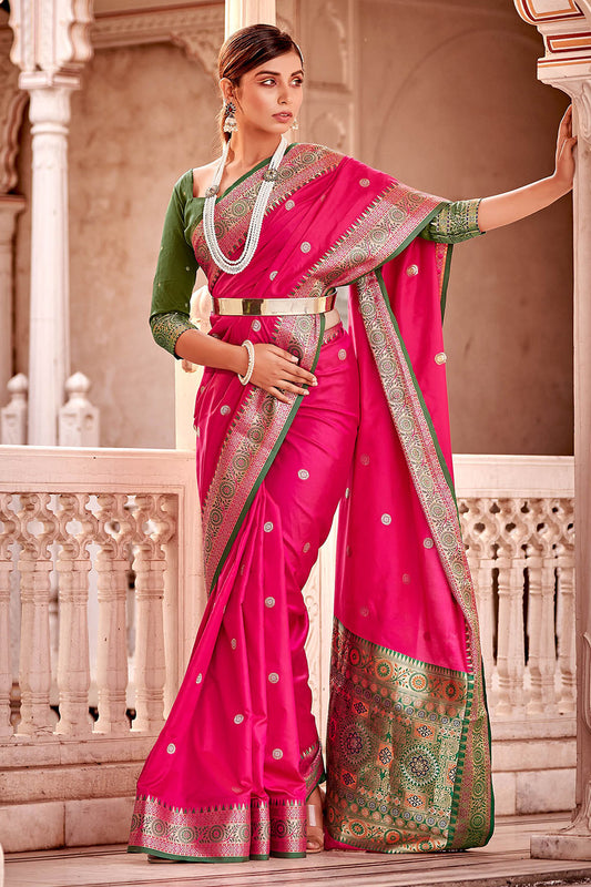 Lovely Pink  Soft Silk Paithani Saree with Contrast Banarasi Blouse