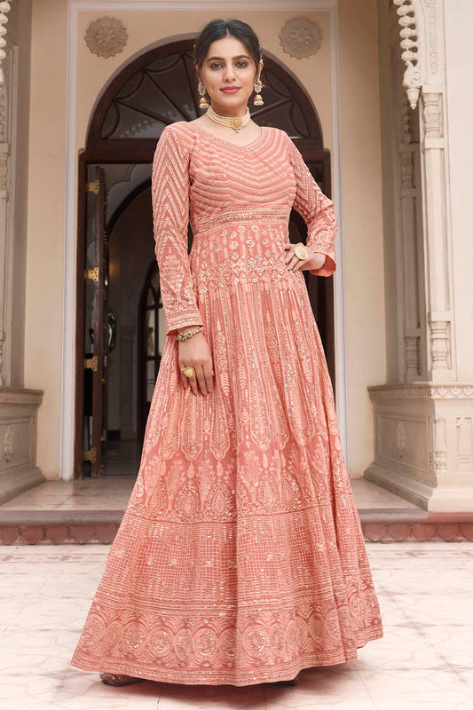 Coral Peach Thread Embroidered Soft Silk Salwar Suit with Dupatta