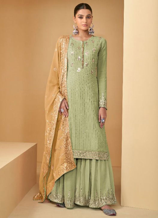 Light Green Soft Georgette Sharara Suit Set with Contrast Dupatta