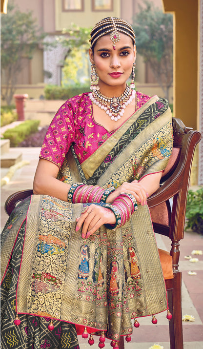 Grey Soft Bandhani Saree with Pink Designer Blouse