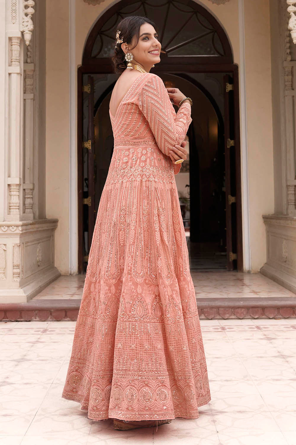 Coral Peach Thread Embroidered Soft Silk Salwar Suit with Dupatta