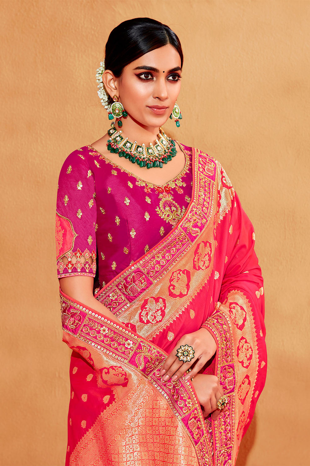 Bright Pink with Magenta  Stunning Designer Bridal Dola Silk Saree with Heavy Embroidered Blouse