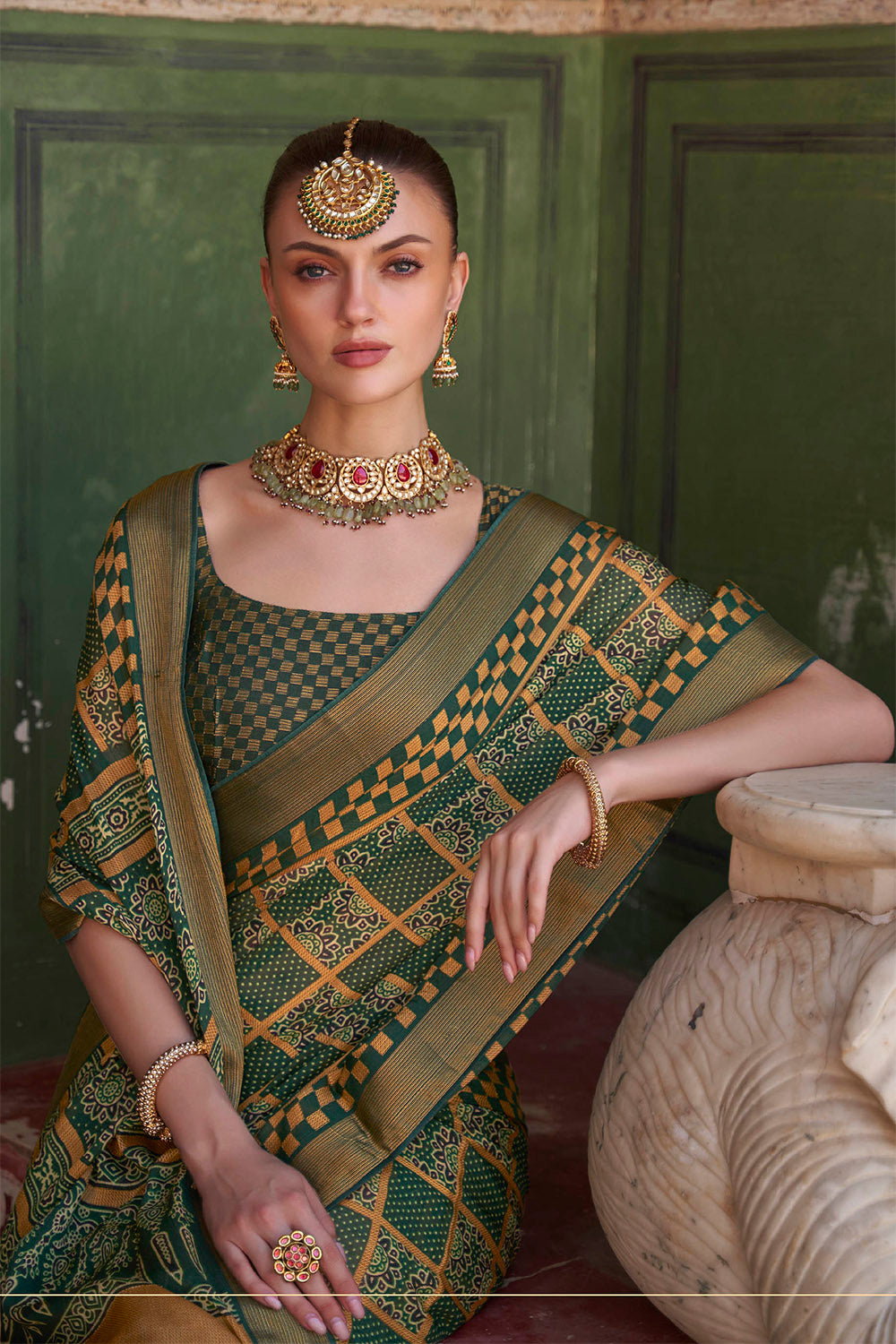 Dark Olive Gharchola Checks Design Ajrakh Saree with Beautiful Border