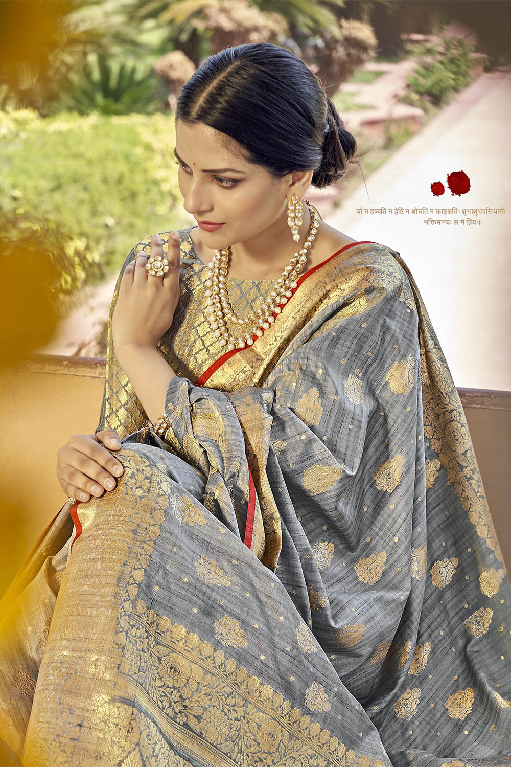 Gray & Vintage Designer Tussar Silk Saree Blouse for Indian Wedding Reception