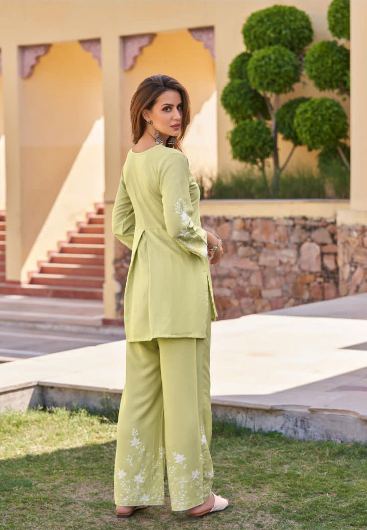 Light Green Chikankari Stylish Pant Suit in Rayon Cotton