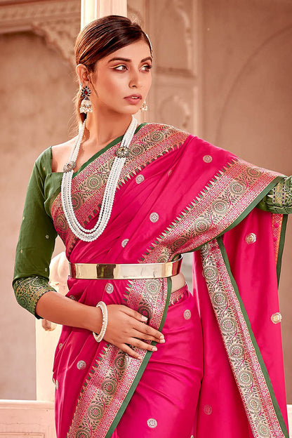 Lovely Pink  Soft Silk Paithani Saree with Contrast Banarasi Blouse