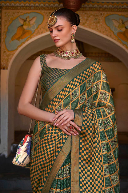 Dark Olive Gharchola Checks Design Ajrakh Saree with Beautiful Border