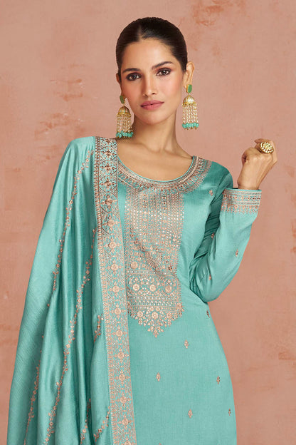 Sage Green Soft Silk Embroidered Salwar Suit with Heavy Dupatta