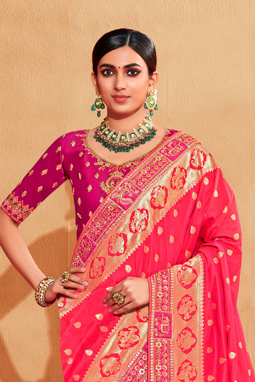 Bright Pink with Magenta  Stunning Designer Bridal Dola Silk Saree with Heavy Embroidered Blouse