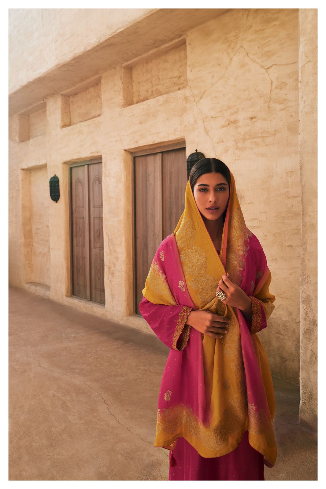 Rose Pink Embroidered Cotton Silk Suit with Yellow Pink Woven Banarasi Dupatta