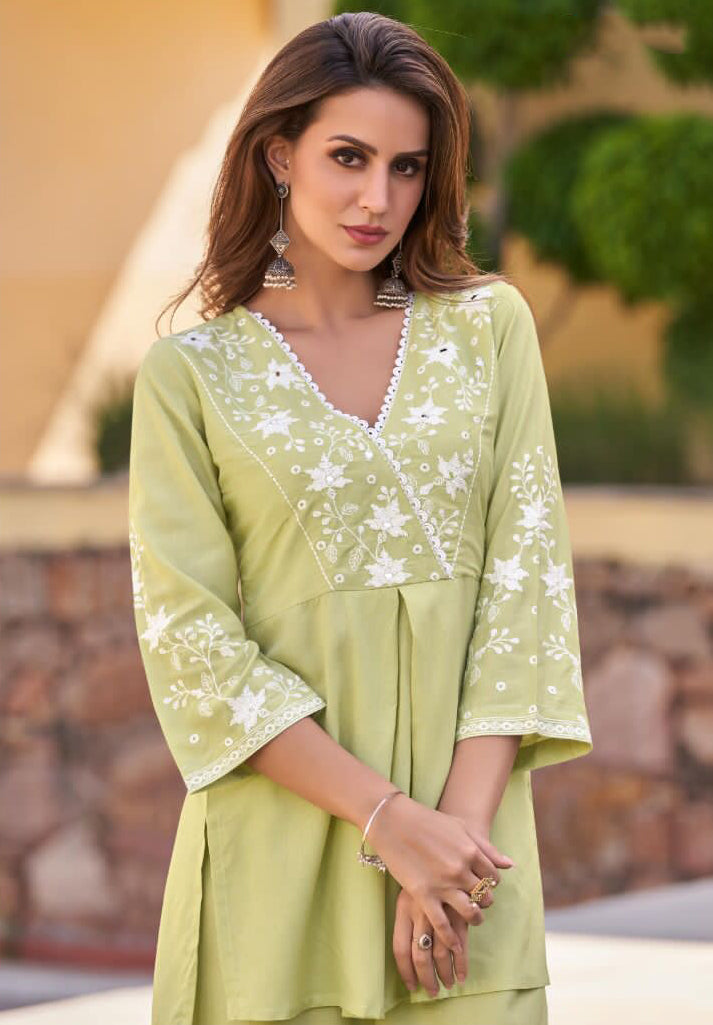 Light Green Chikankari Stylish Pant Suit in Rayon Cotton