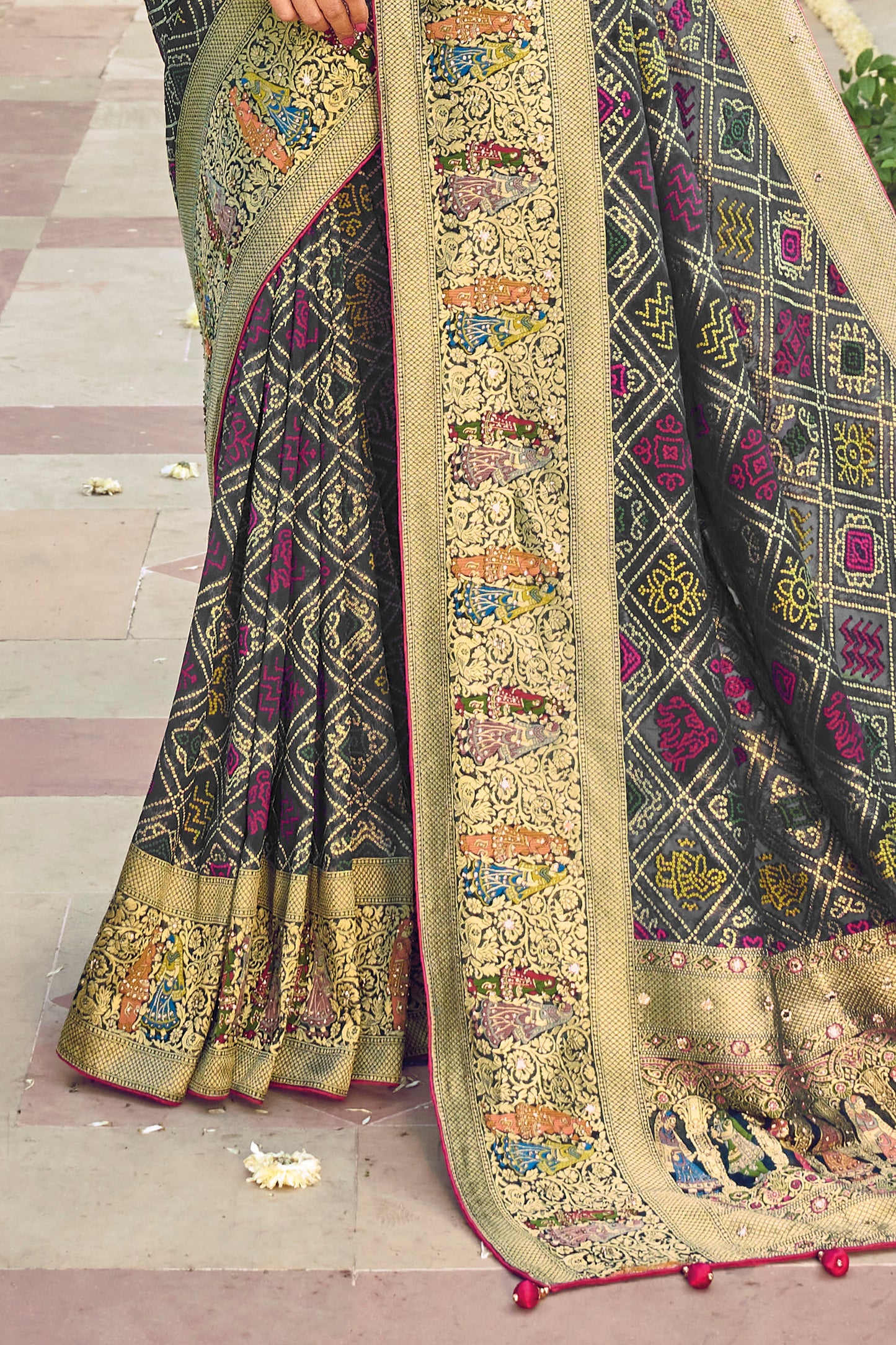 Grey Soft Bandhani Saree with Pink Designer Blouse