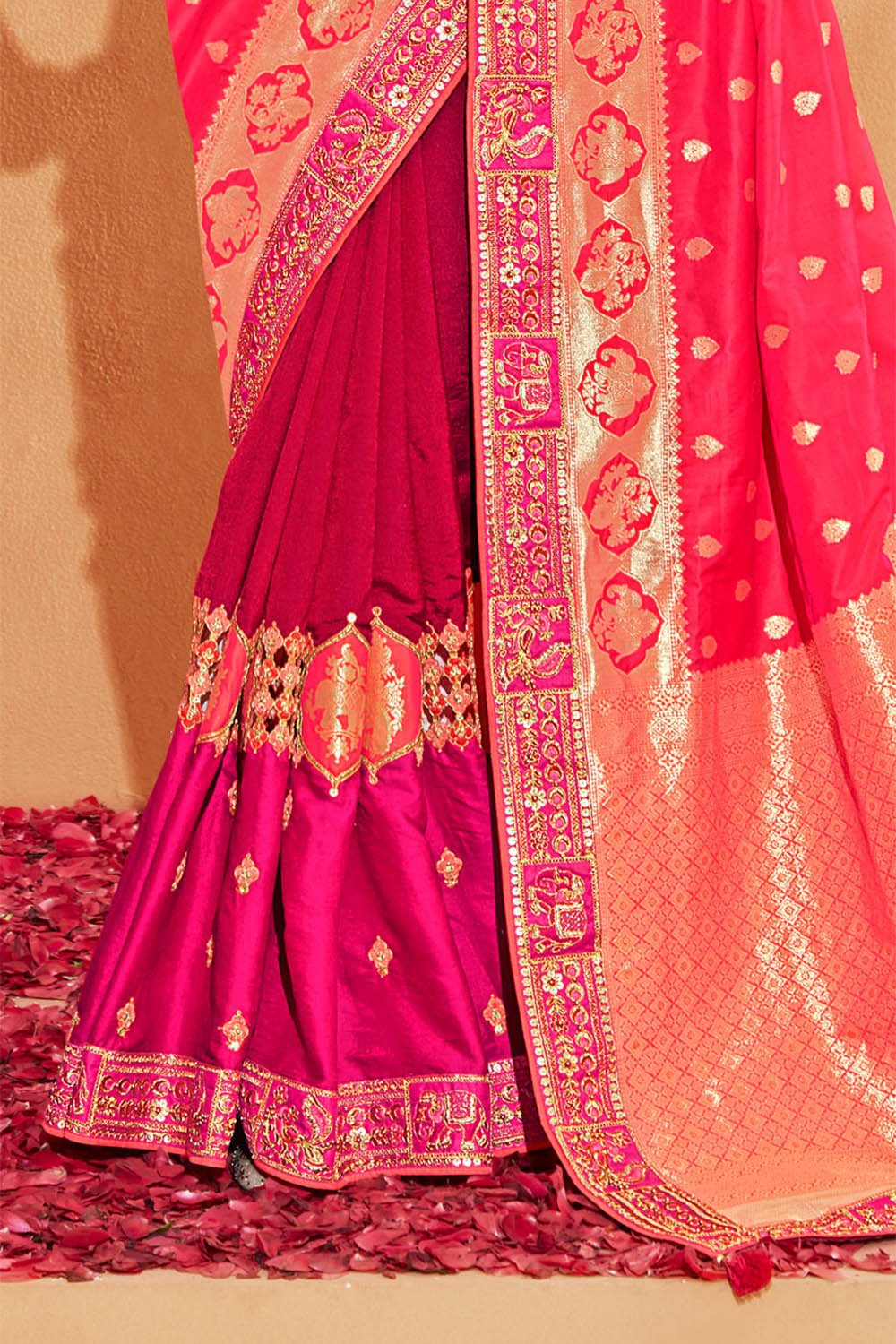 Bright Pink with Magenta  Stunning Designer Bridal Dola Silk Saree with Heavy Embroidered Blouse