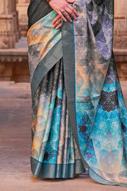 Charcoal Grey  Soft Tussar Silk Floral Kalamkari Saree