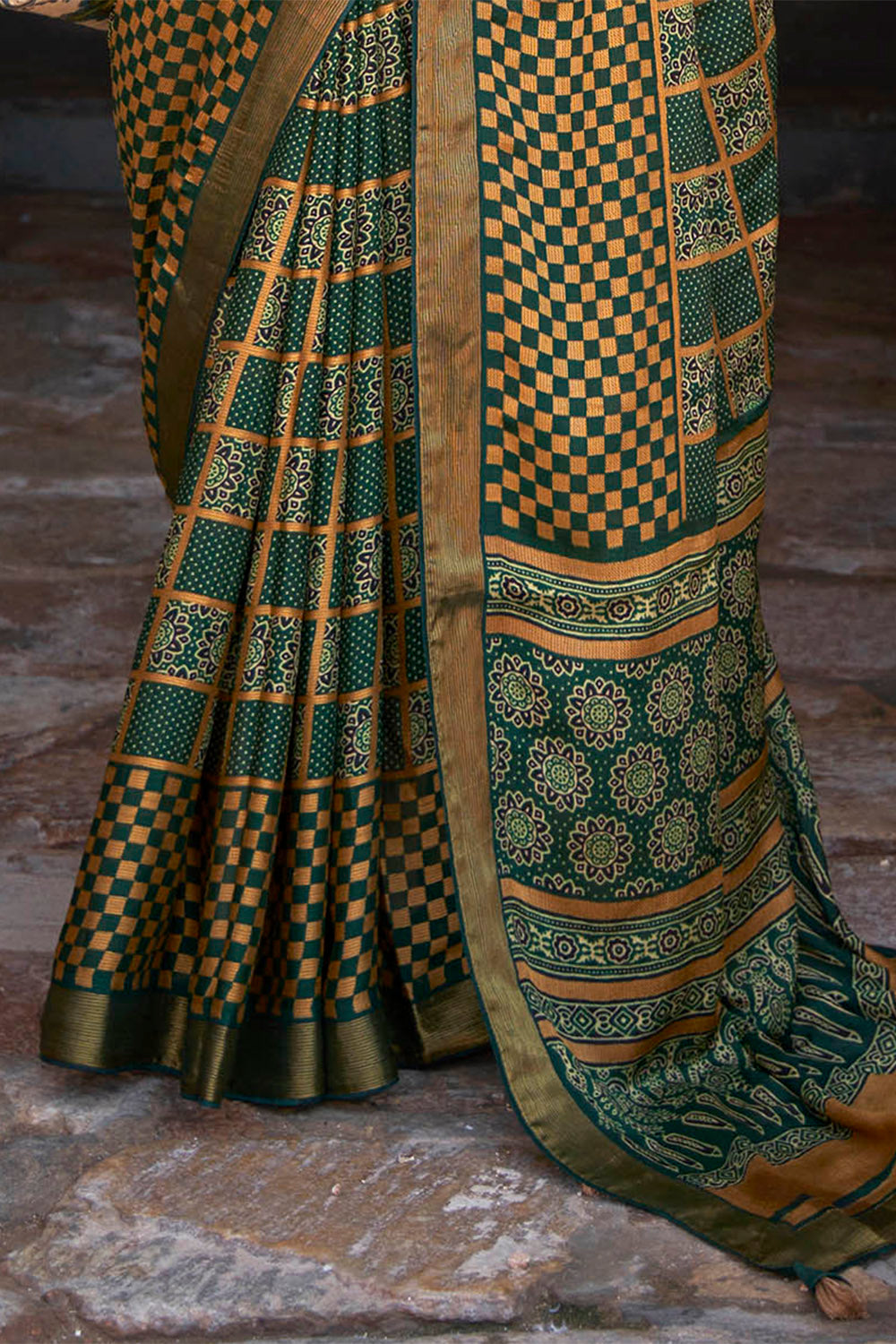 Dark Olive Gharchola Checks Design Ajrakh Saree with Beautiful Border