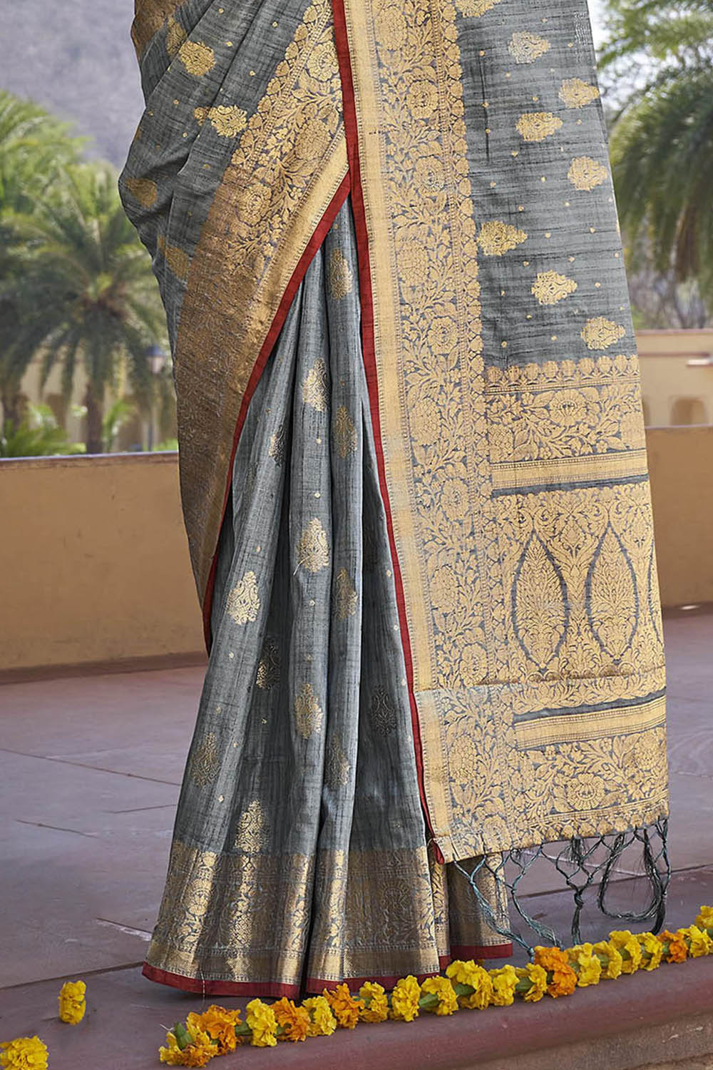 Gray & Vintage Designer Tussar Silk Saree Blouse for Indian Wedding Reception