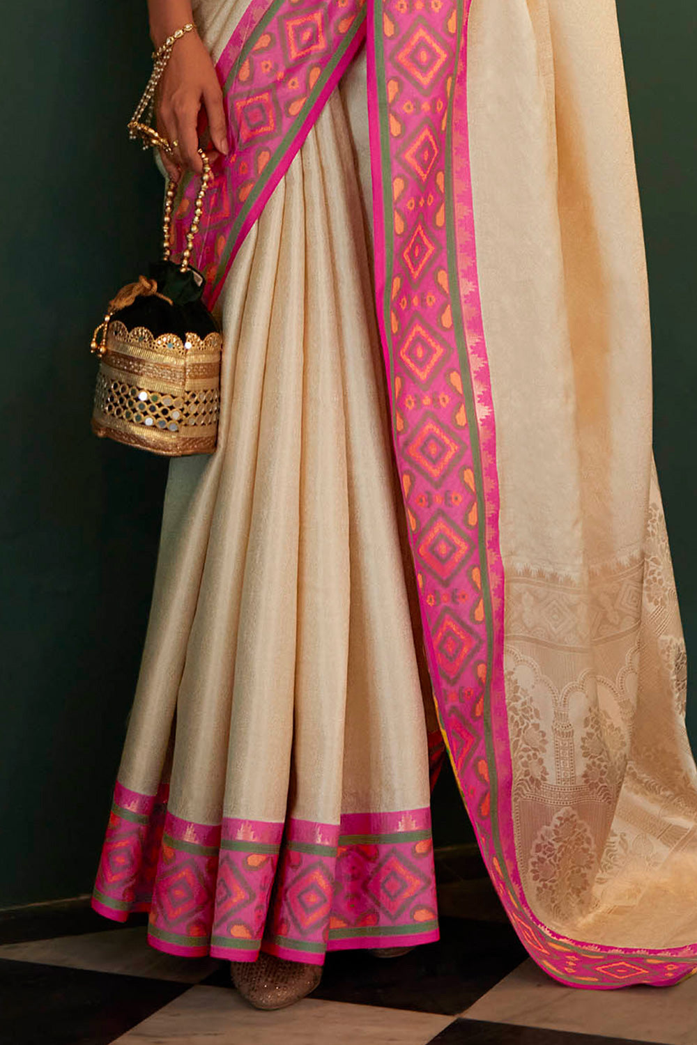 Creamy White Soft Kanjivaram Style Saree with Ekat Woven Border