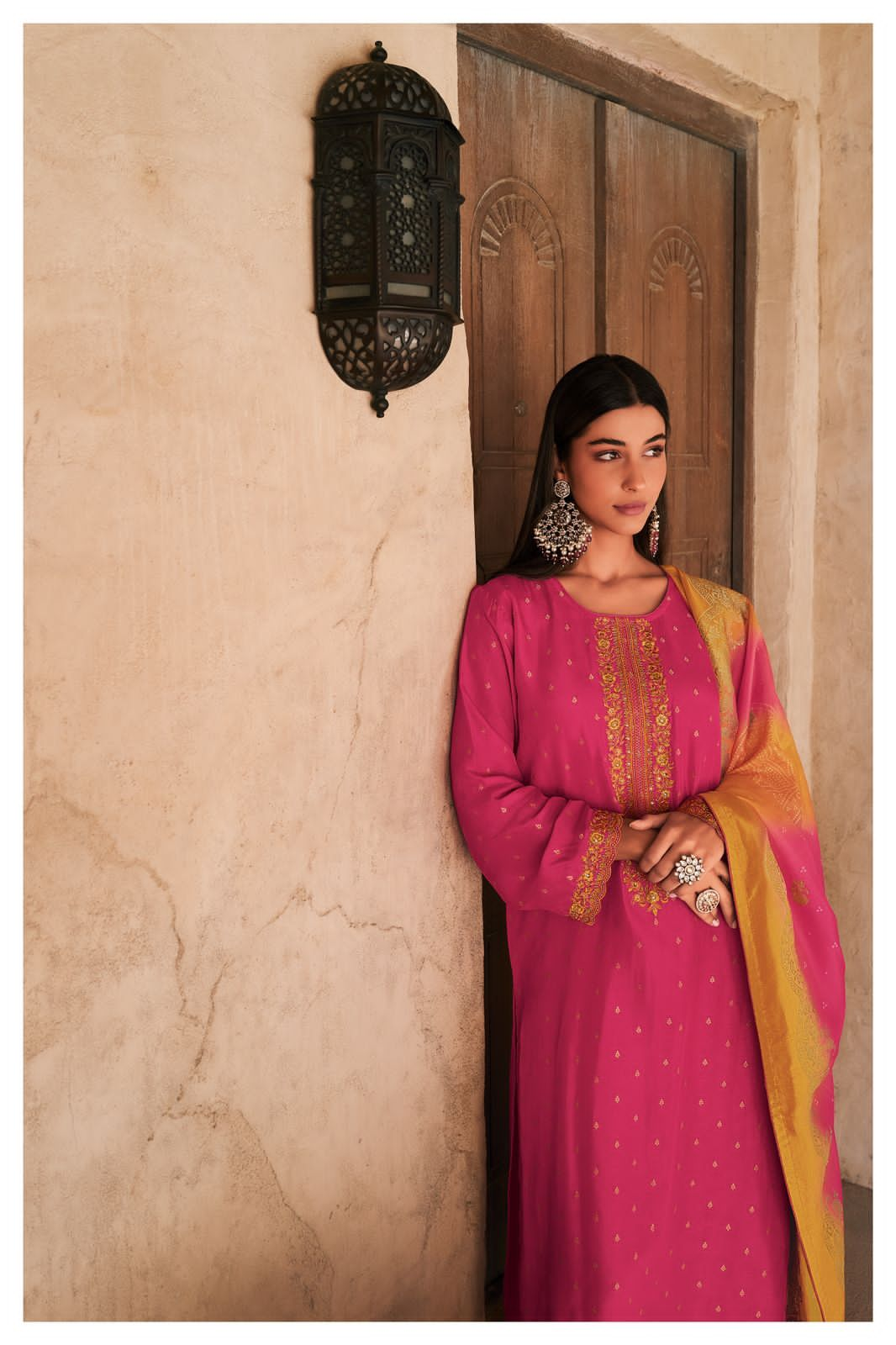 Rose Pink Embroidered Cotton Silk Suit with Yellow Pink Woven Banarasi Dupatta