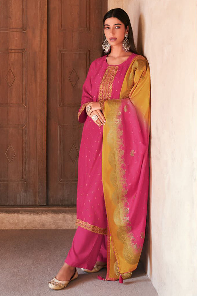 Rose Pink Embroidered Cotton Silk Suit with Yellow Pink Woven Banarasi Dupatta