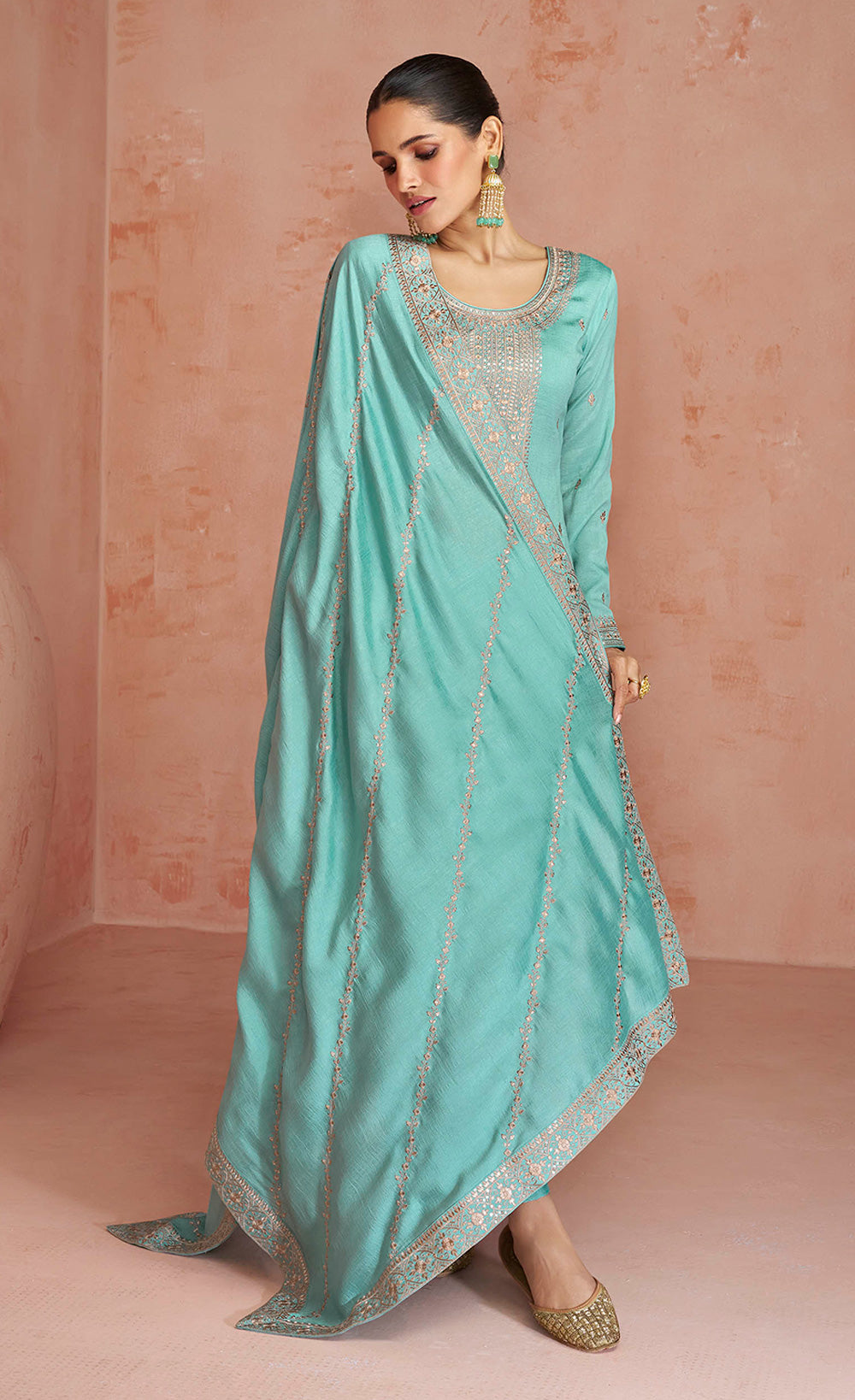 Sage Green Soft Silk Embroidered Salwar Suit with Heavy Dupatta