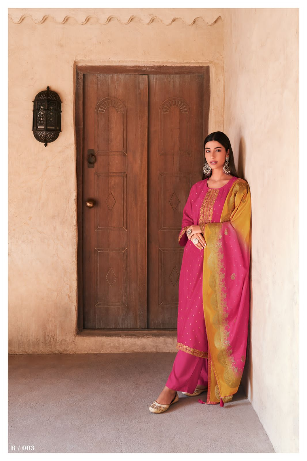 Rose Pink Embroidered Cotton Silk Suit with Yellow Pink Woven Banarasi Dupatta