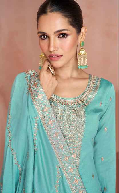Sage Green Soft Silk Embroidered Salwar Suit with Heavy Dupatta