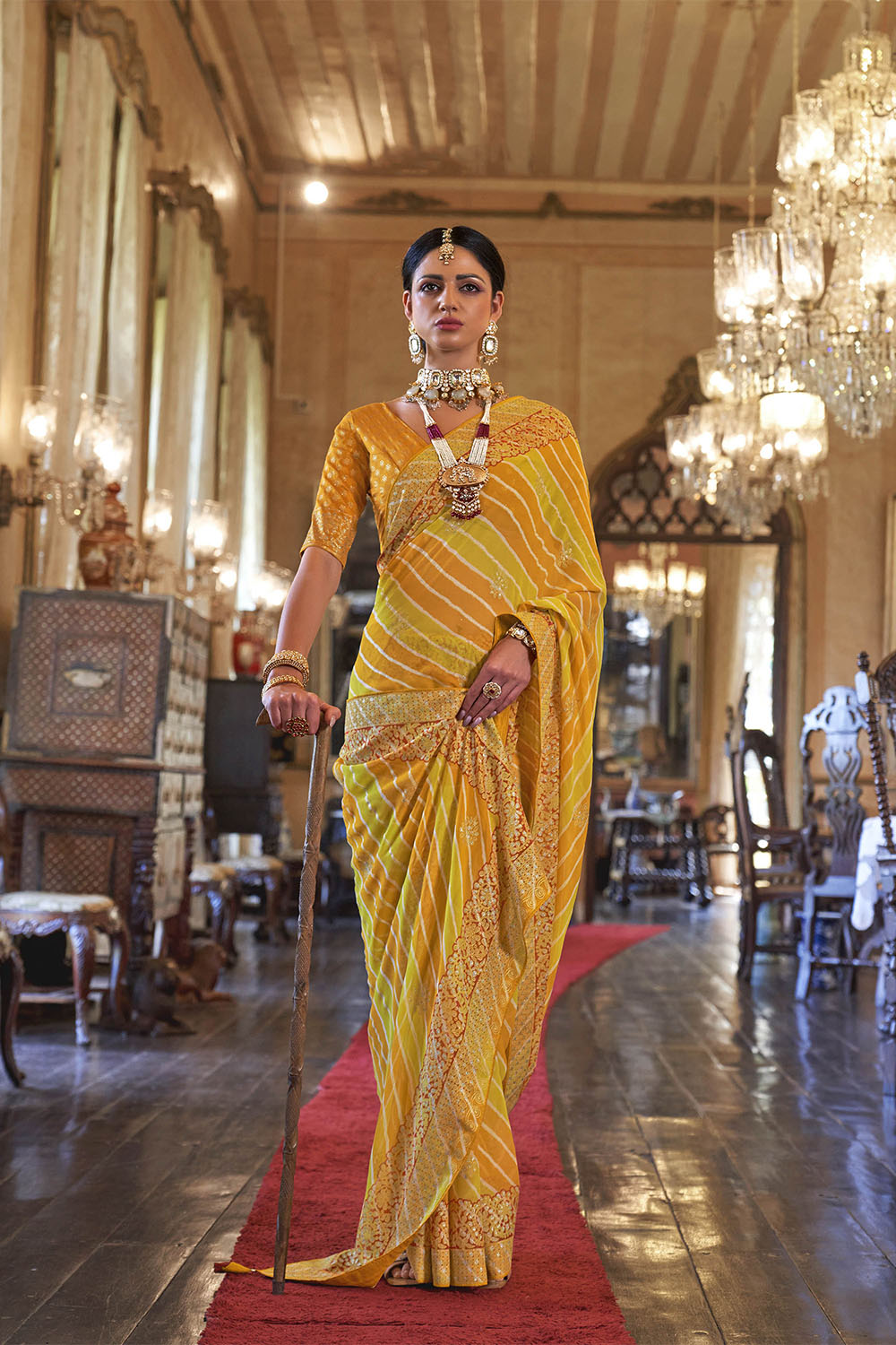 Yellow Orange Leheriya Style Soft Georgette Saree with Heavy Embroidered Border