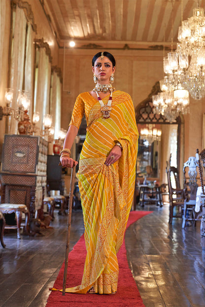 Yellow Orange Leheriya Style Soft Georgette Saree with Heavy Embroidered Border