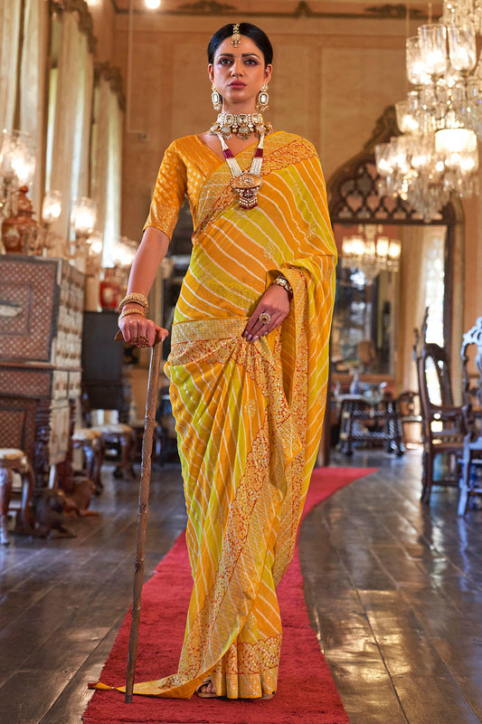 Yellow Orange Leheriya Style Soft Georgette Saree with Heavy Embroidered Border