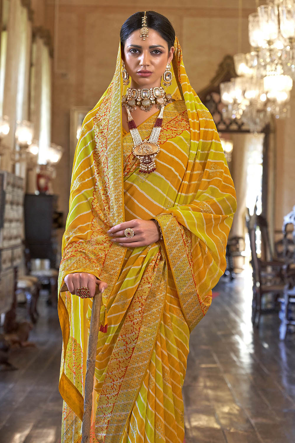 Yellow Orange Leheriya Style Soft Georgette Saree with Heavy Embroidered Border