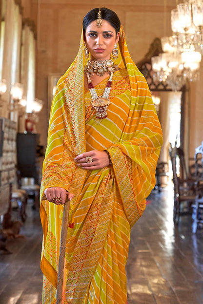 Yellow Orange Leheriya Style Soft Georgette Saree with Heavy Embroidered Border