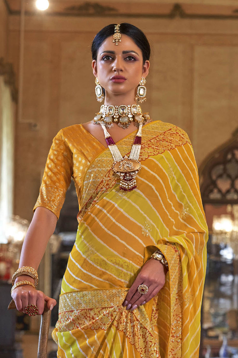 Yellow Orange Leheriya Style Soft Georgette Saree with Heavy Embroidered Border