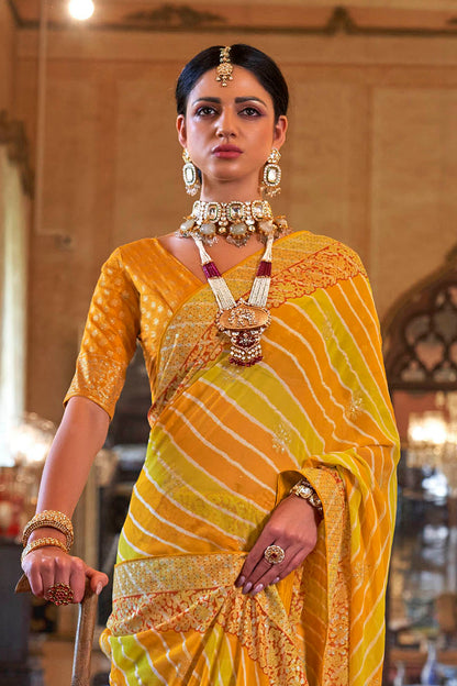 Yellow Orange Leheriya Style Soft Georgette Saree with Heavy Embroidered Border